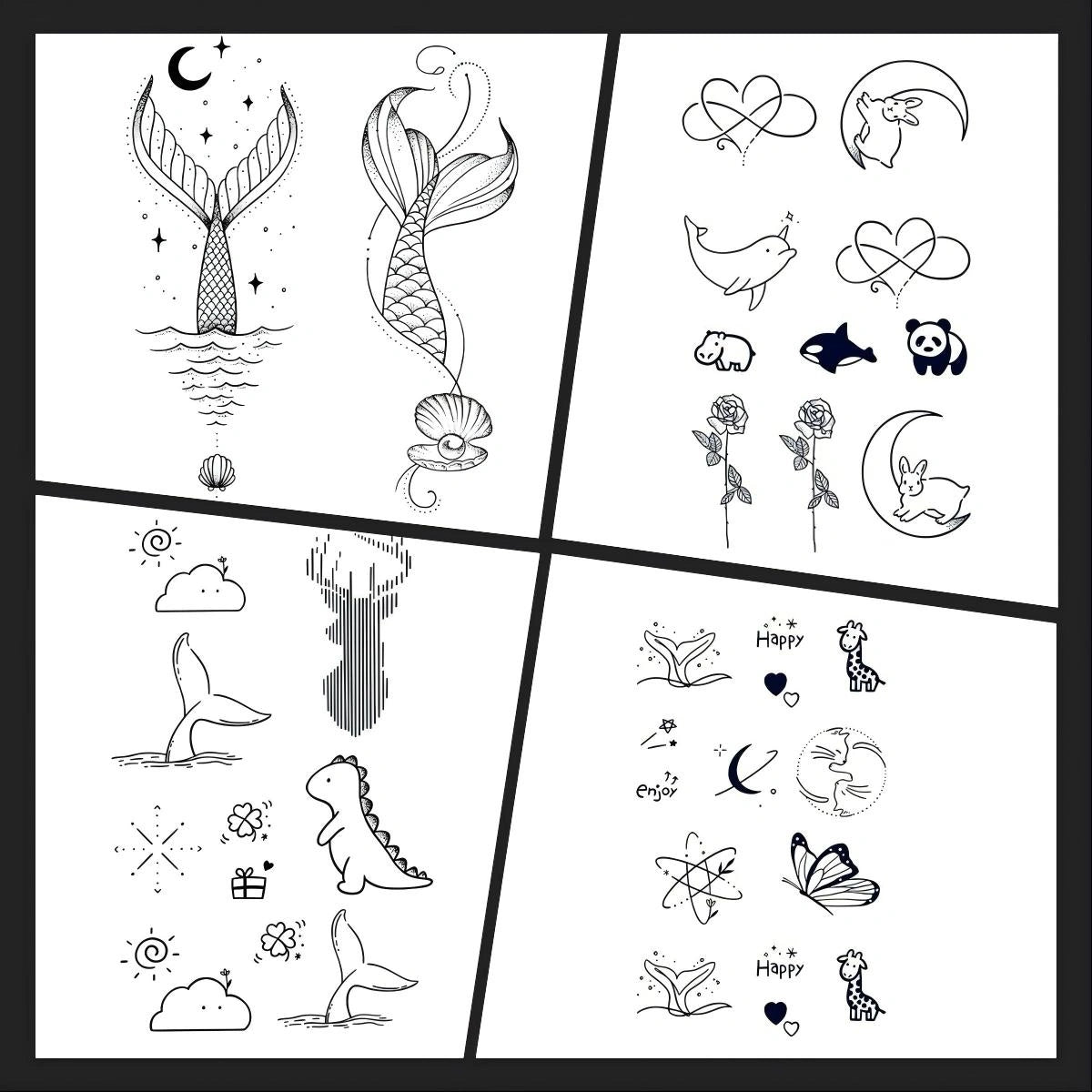 Sweet Ocean & Heart Icons 4-Pack bundle overview with mermaid tails, cute ocean icons, heart doodles, and mini line art designs.