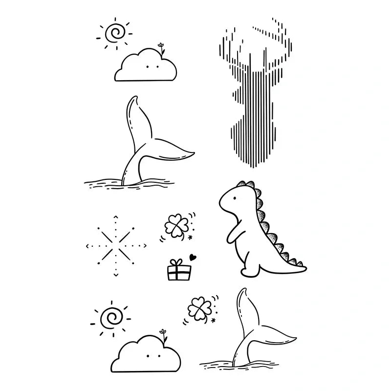 Cute doodle semi-permanent tattoo sheet featuring dinosaurs, flamingos, clouds, suns, and sparkles from the Sweet Ocean & Heart Icons 4-Pack.