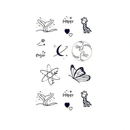 Cute happy mini icons semi-permanent tattoo sheet featuring butterflies, moon, flowers, and hearts from the Sweet Ocean & Heart Icons 4-Pack.