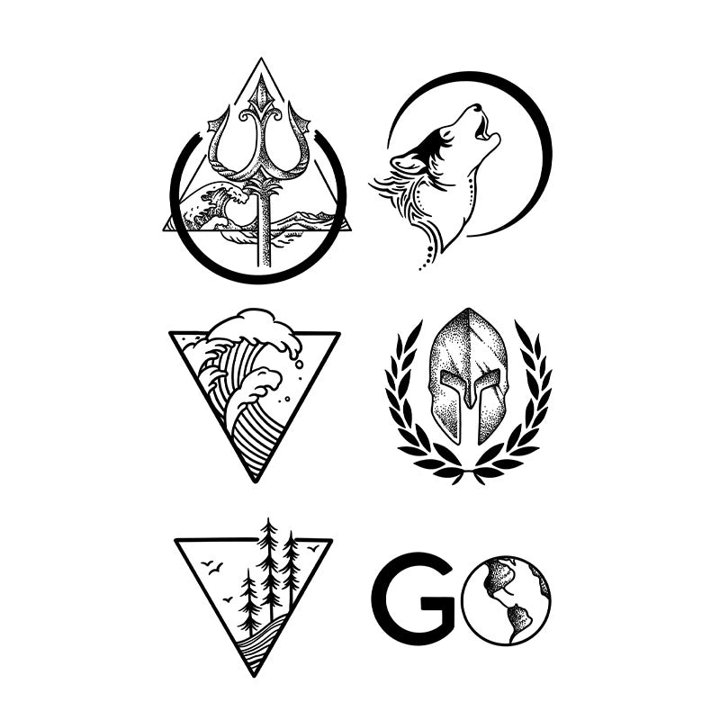 Blackwork temporary tattoo flash sheet featuring a Spartan helmet, wolf, trident, and nature elements.
