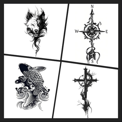 4-pack semi-permanent tattoo bundle featuring a wolf head, compass rose, koi fish with waves, and a gothic cross design