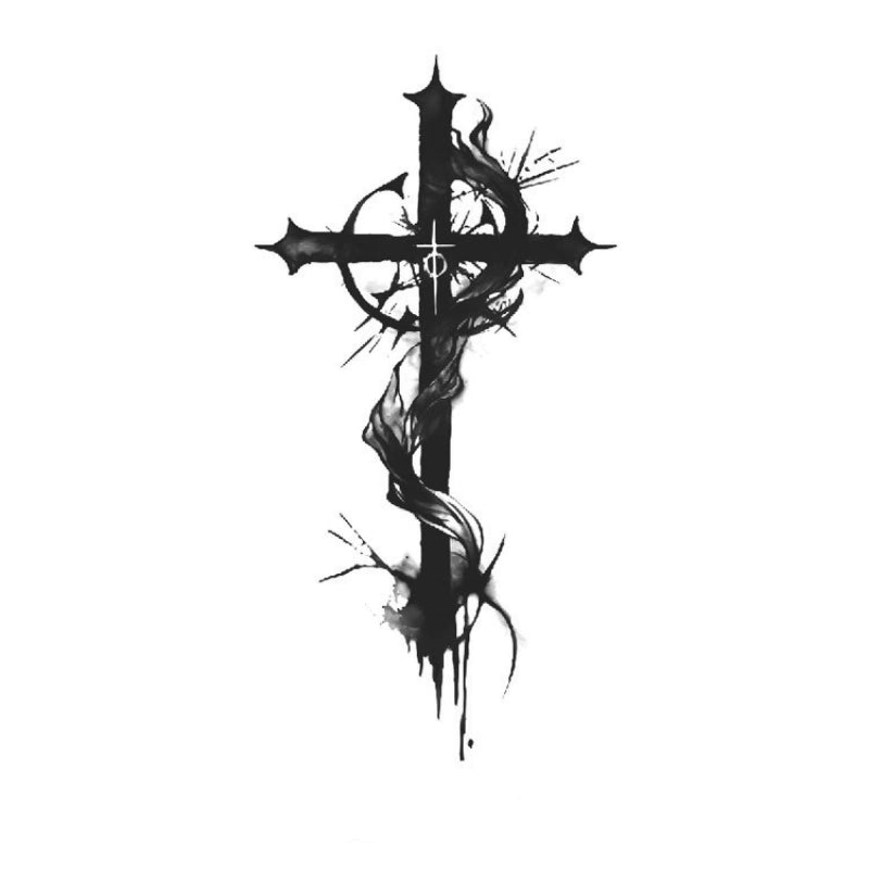 Gothic cross semi-permanent tattoo design with dark ink splatter and thorn-like details.
