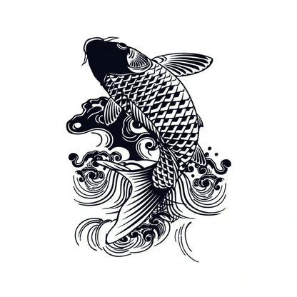 Koi fish with waves semi-permanent tattoo design in Japanese-inspired style.