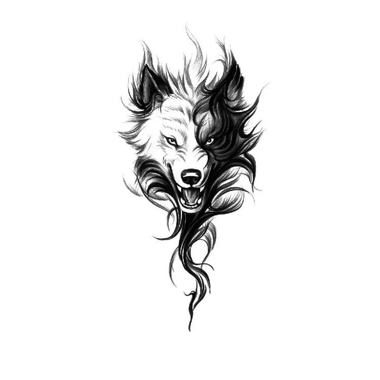 Wolf head semi-permanent tattoo design with flowing smoke details.